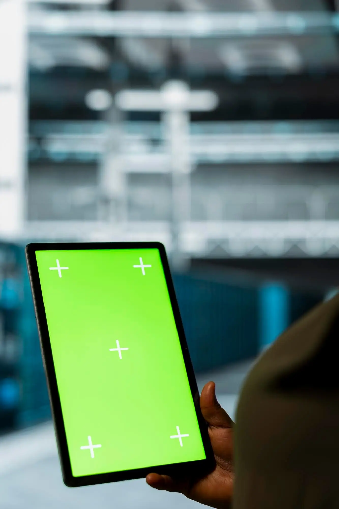 Manager in einem nachhaltigen Rechenzentrum, Mitarbeiter, der mithilfe eines Touchscreen-Geräts grüne Technologien implementiert.