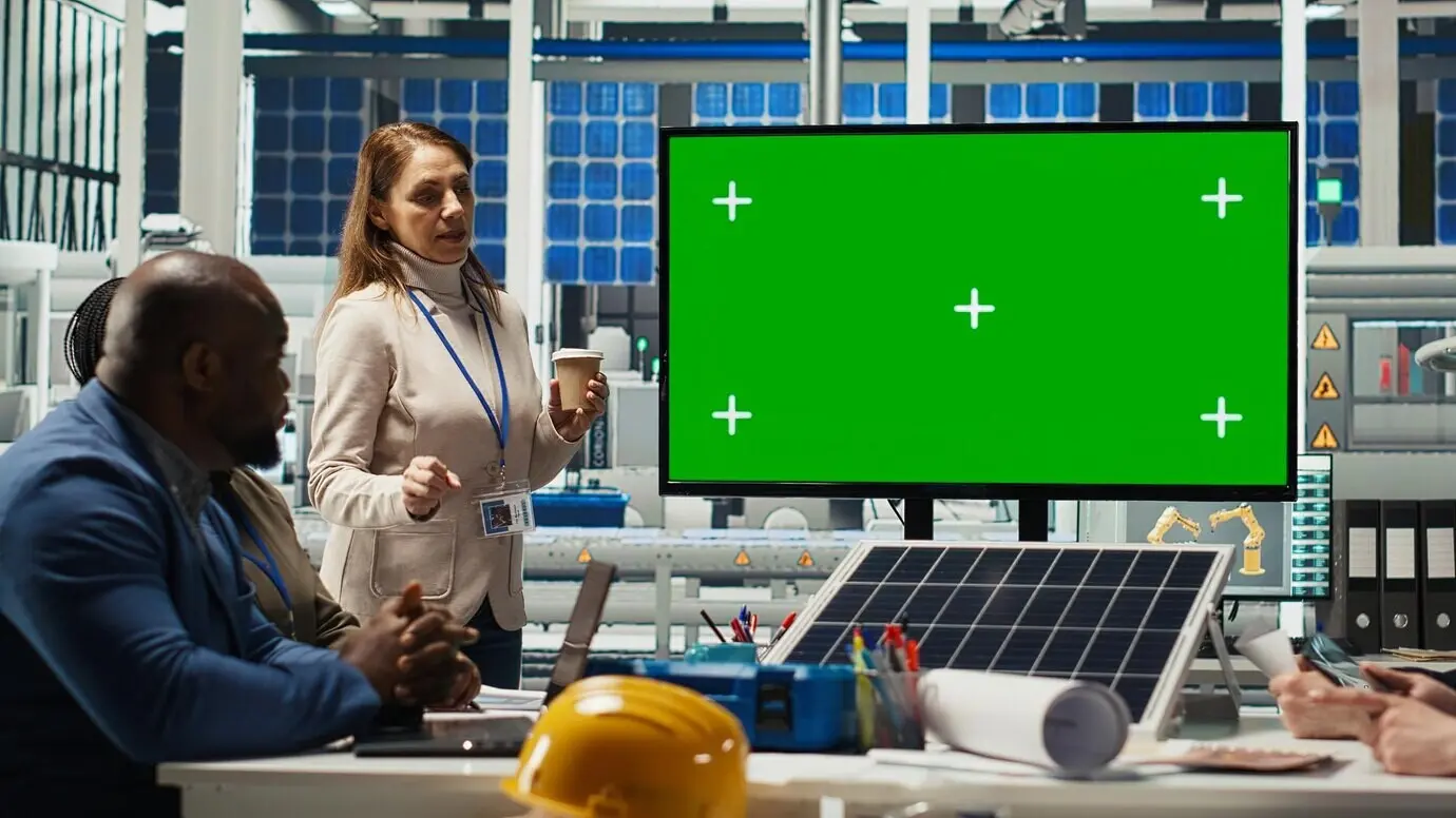 Forscher einer Photovoltaikanlage halten eine Besprechung ab und schauen auf einen Chroma-Key-Monitor.