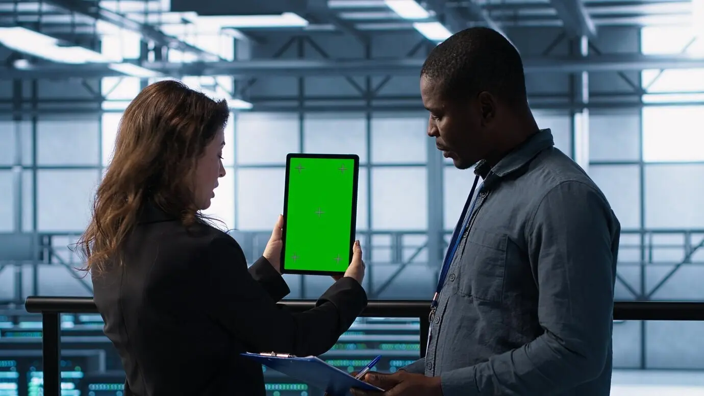 In einem Rechenzentrum überprüfen Techniker mithilfe eines Tablets mit grünem Bildschirm die Hardware.